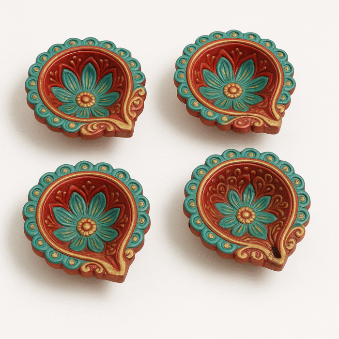 Set of Diya Oil Lamps with Floral Patterns