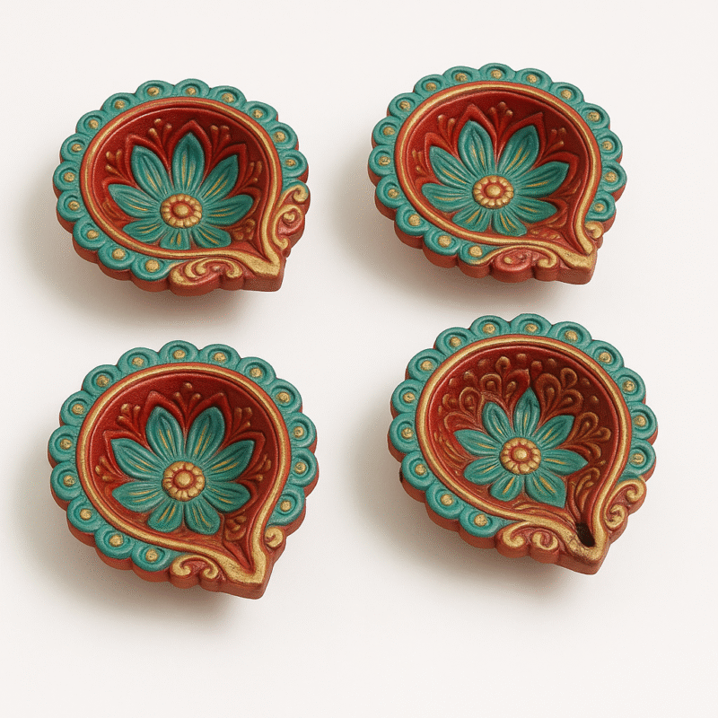 Set of Diya Oil Lamps with Floral Patterns