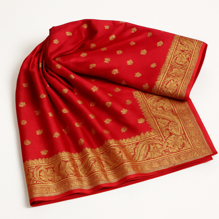 Red Silk Sari with Gold Embroidery - Image 2
