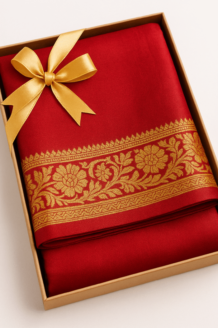 Red Silk Sari with Gold Embroidery - Image 3